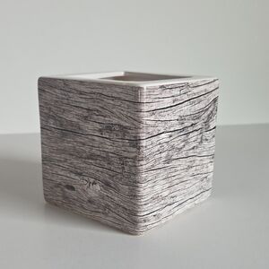 Neutral Wood-Look Ceramic Cube Vase Planter Pot 4" White